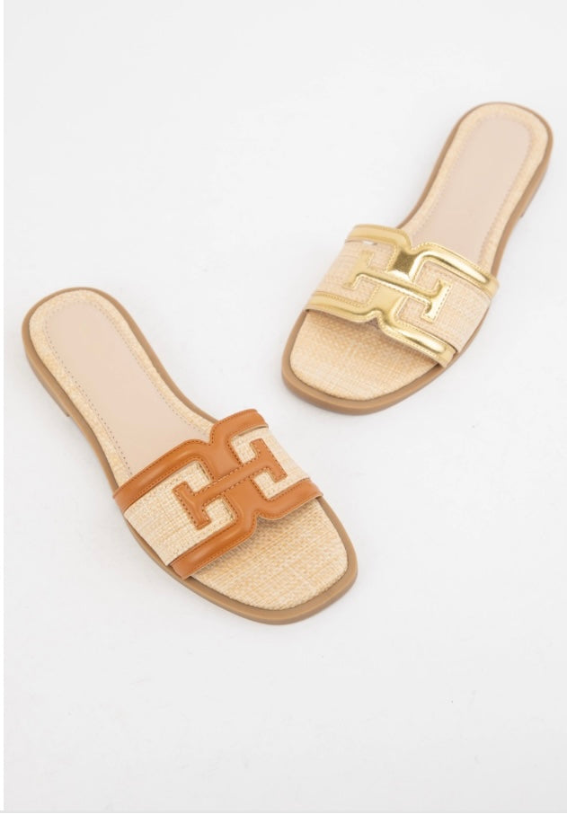 Leather Raffia Sandals- Brown