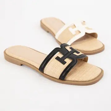 Leather Raffia Sandals- Black