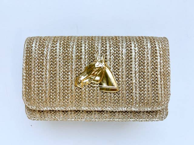 Lisi Lerch Ruby Gold Fabric Clutch with Gold Bow