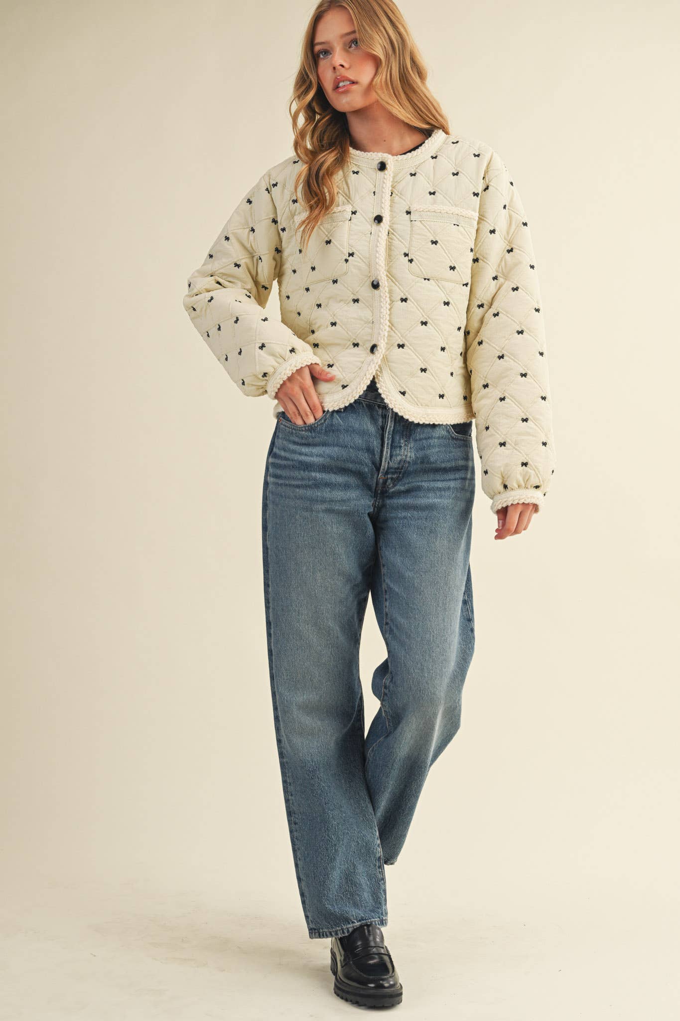 Bow Embroidered Quilted Puff Jacket