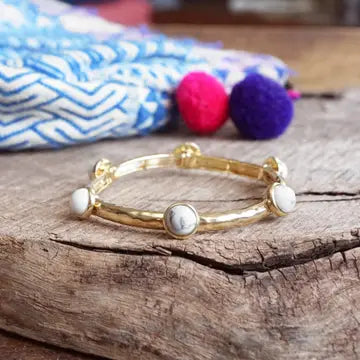 Jeweled Golden Bangle with Semi Precious Stone Dots White
