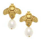 Gold Bee and Genuine Freshwater Pearl Earrings