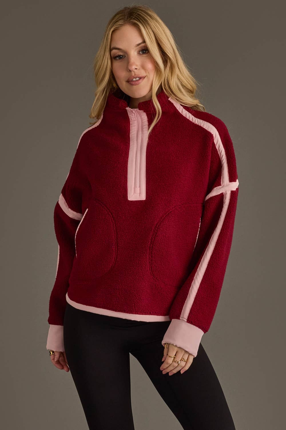 Burgundy & Lt. Pink Half Zip Sherpa Fleece Sweatshirt
