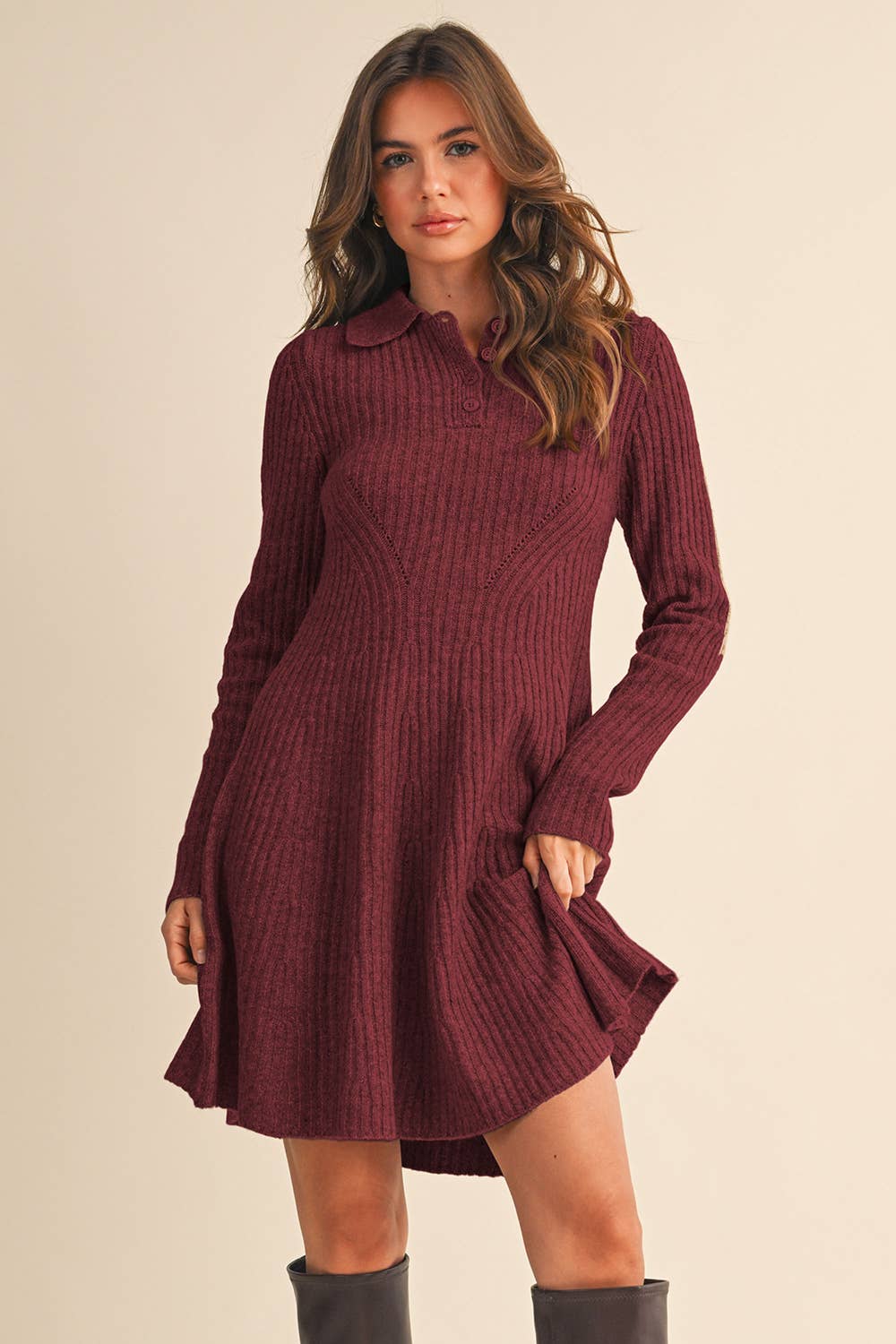 Ribbed Sweater Mini Dress Burgundy