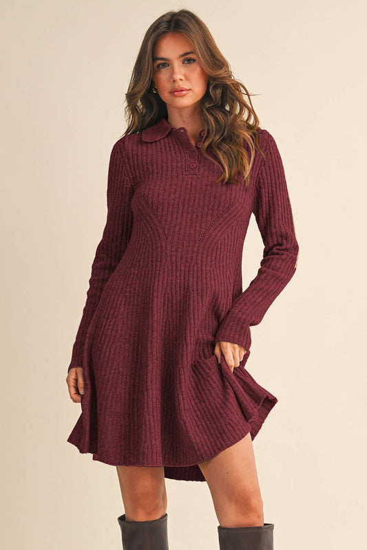 Ribbed Sweater Mini Dress Burgundy
