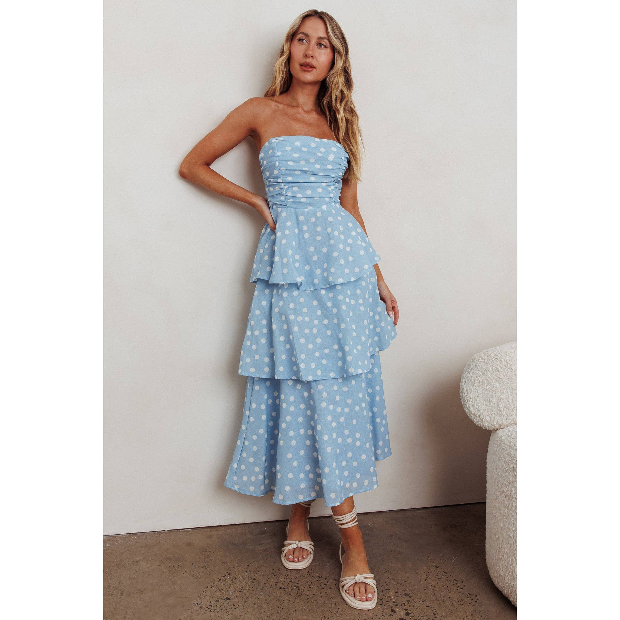 Light Blue Polka Dot Tier Maxi Dress