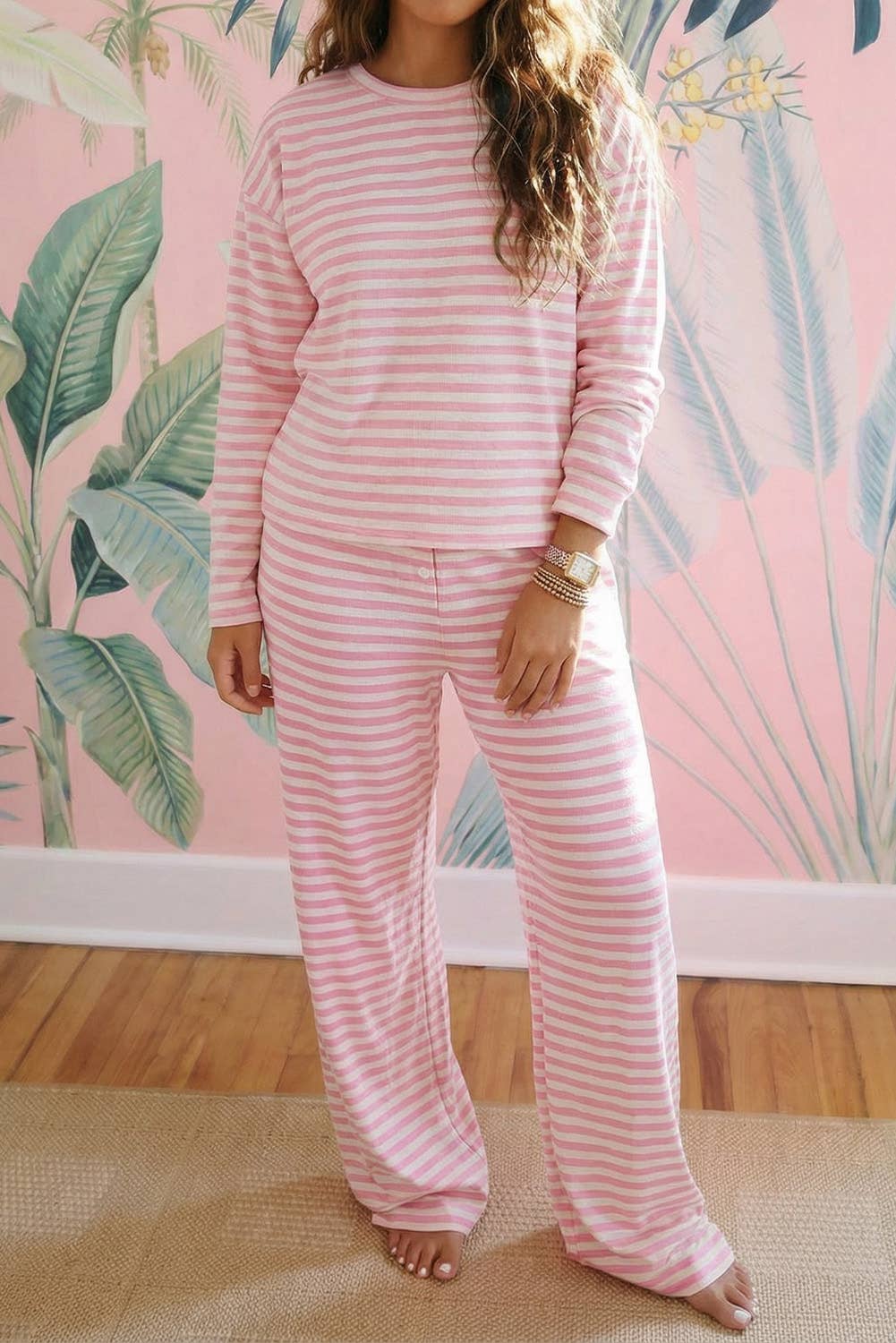 Pink Striped Two Piece Lounge Set