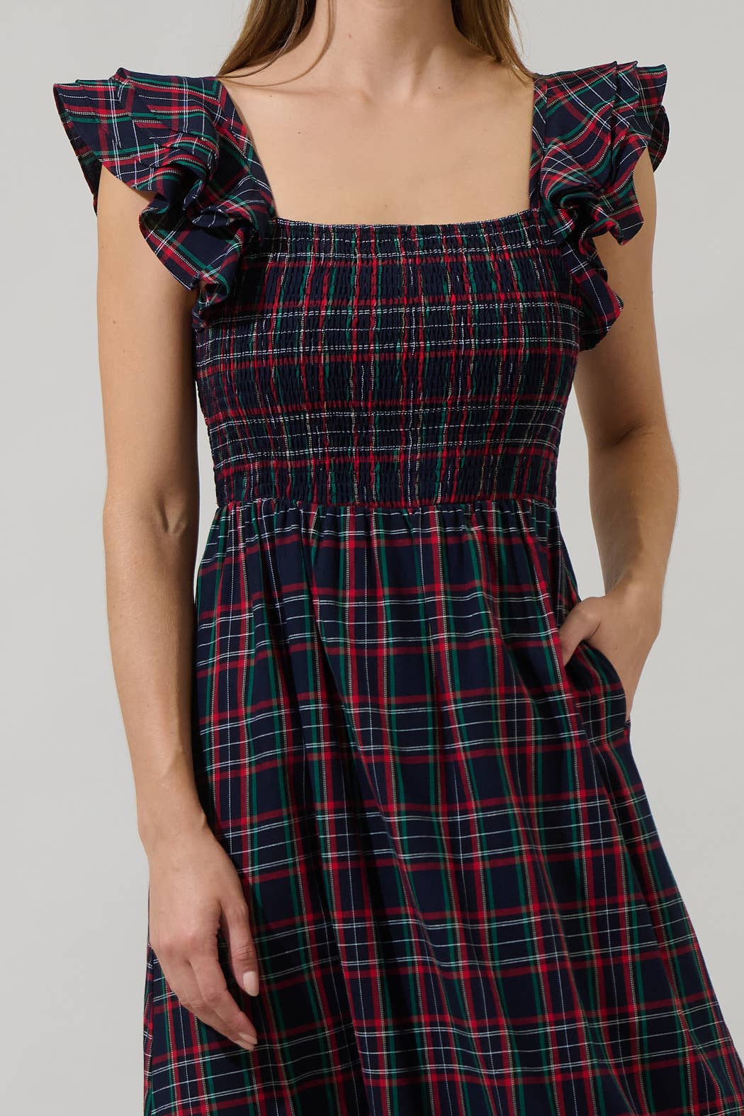 Plaid Smocked Ruffle Midi Dress