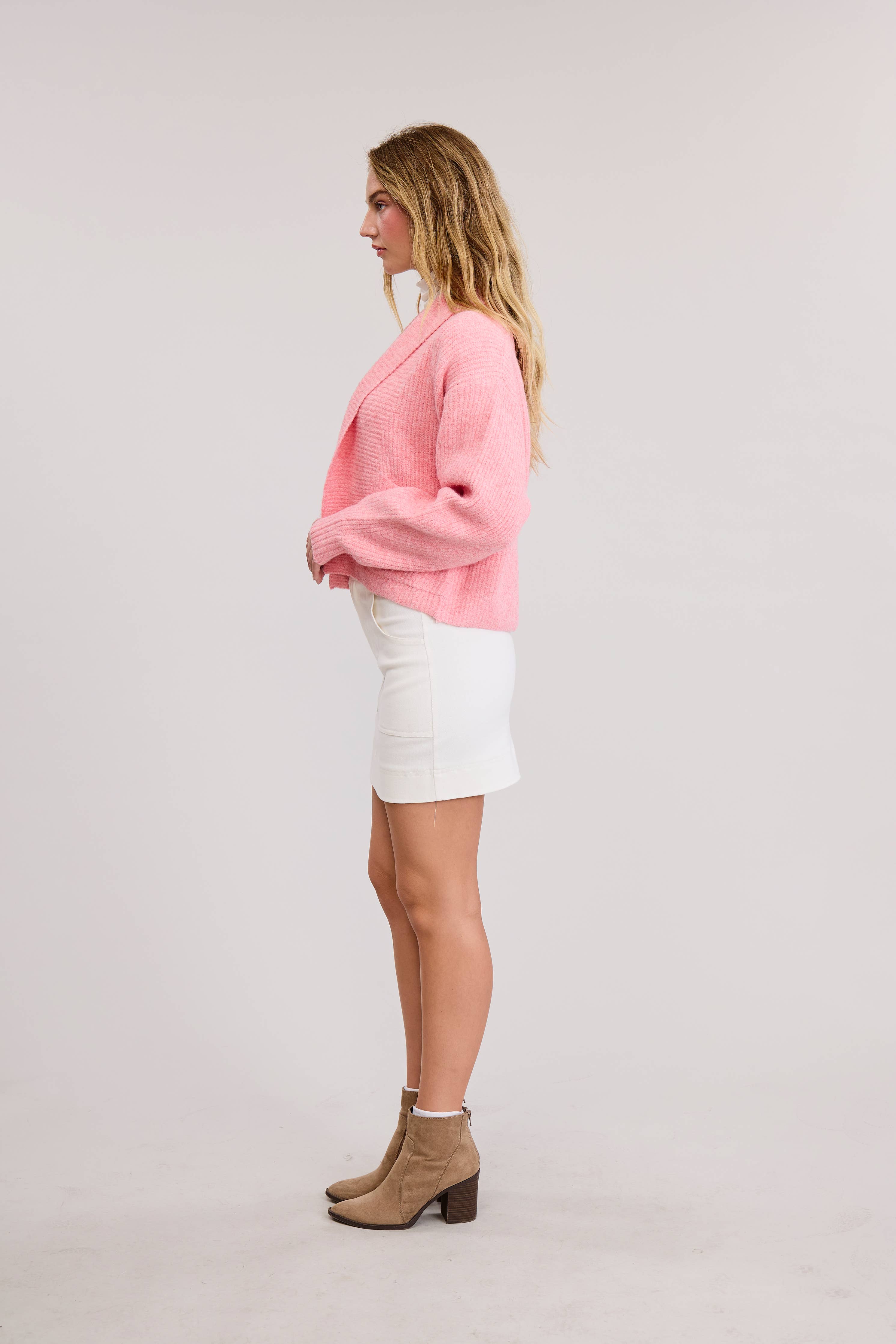 Leina Roll Collar Sweater Cardigan- Pink