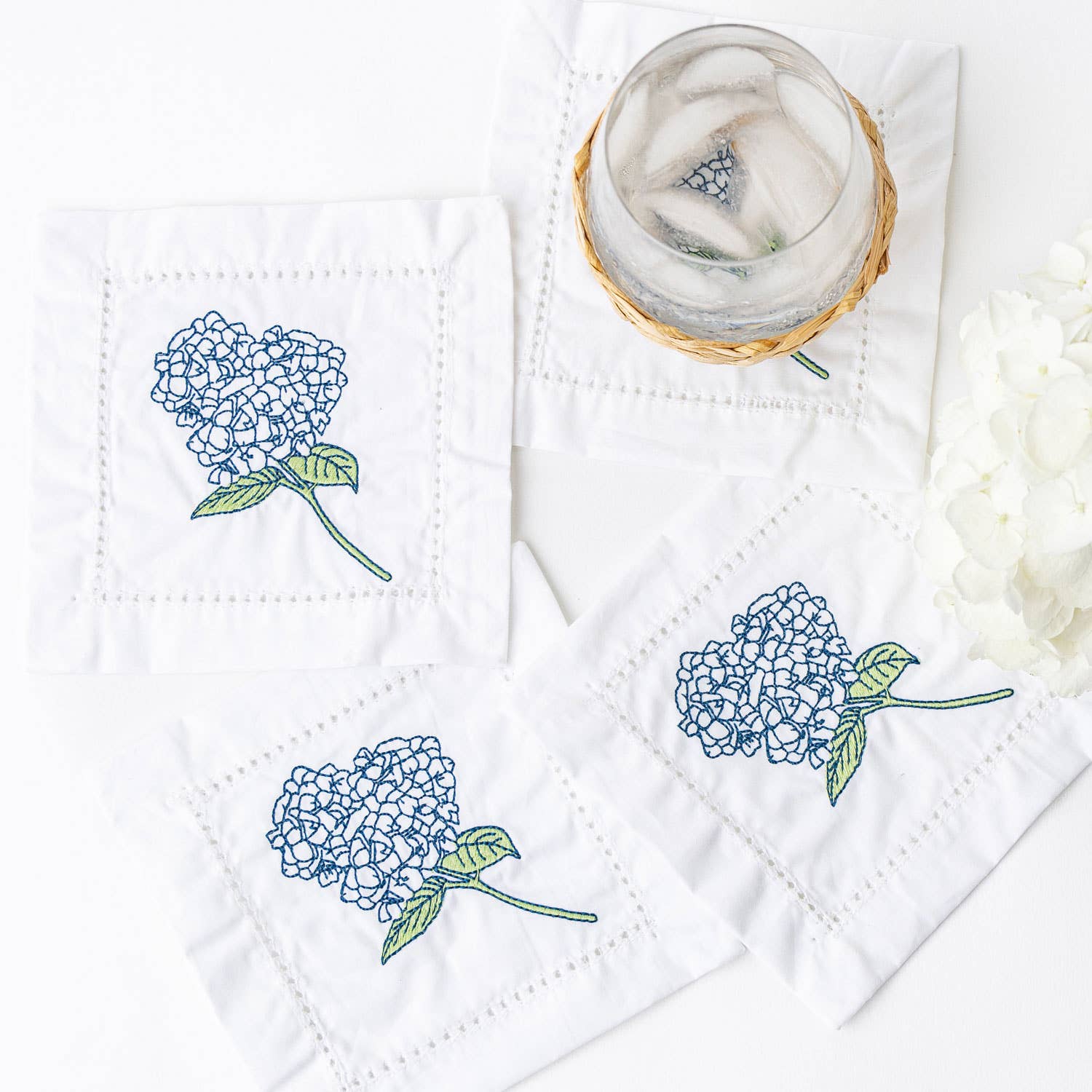 Hydrangea Stem Embroidered Cocktail Napkin Set
