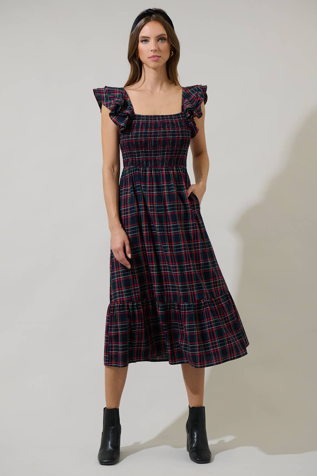 Plaid Smocked Ruffle Midi Dress