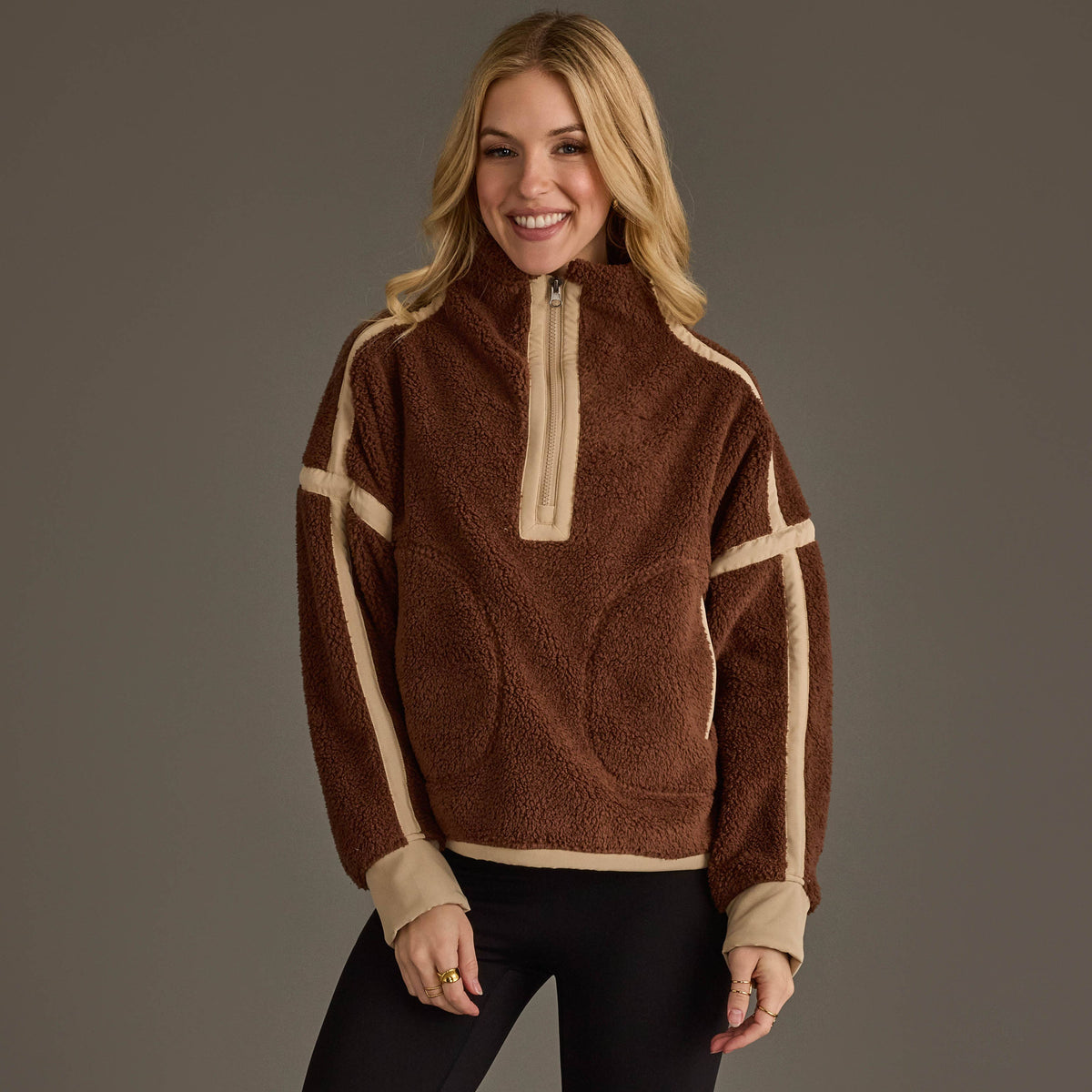 Brown & Tan Half Zip Sherpa Fleece Sweatshirt