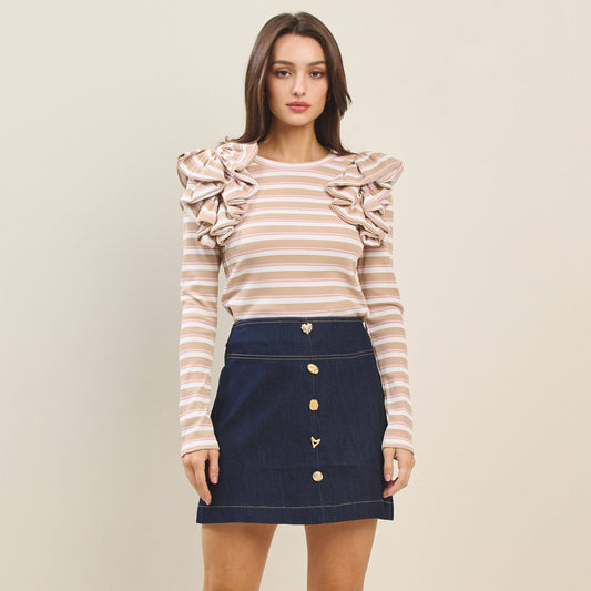 Striped Ruffle Shoulder Knit Top