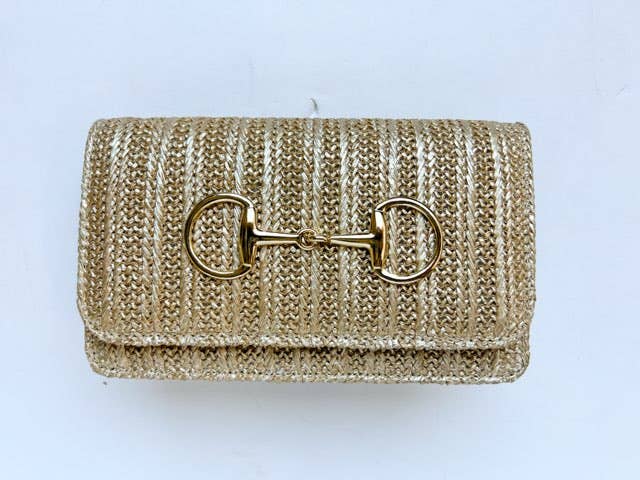 Lisi Lerch Ruby Gold Fabric Clutch with Gold Bow