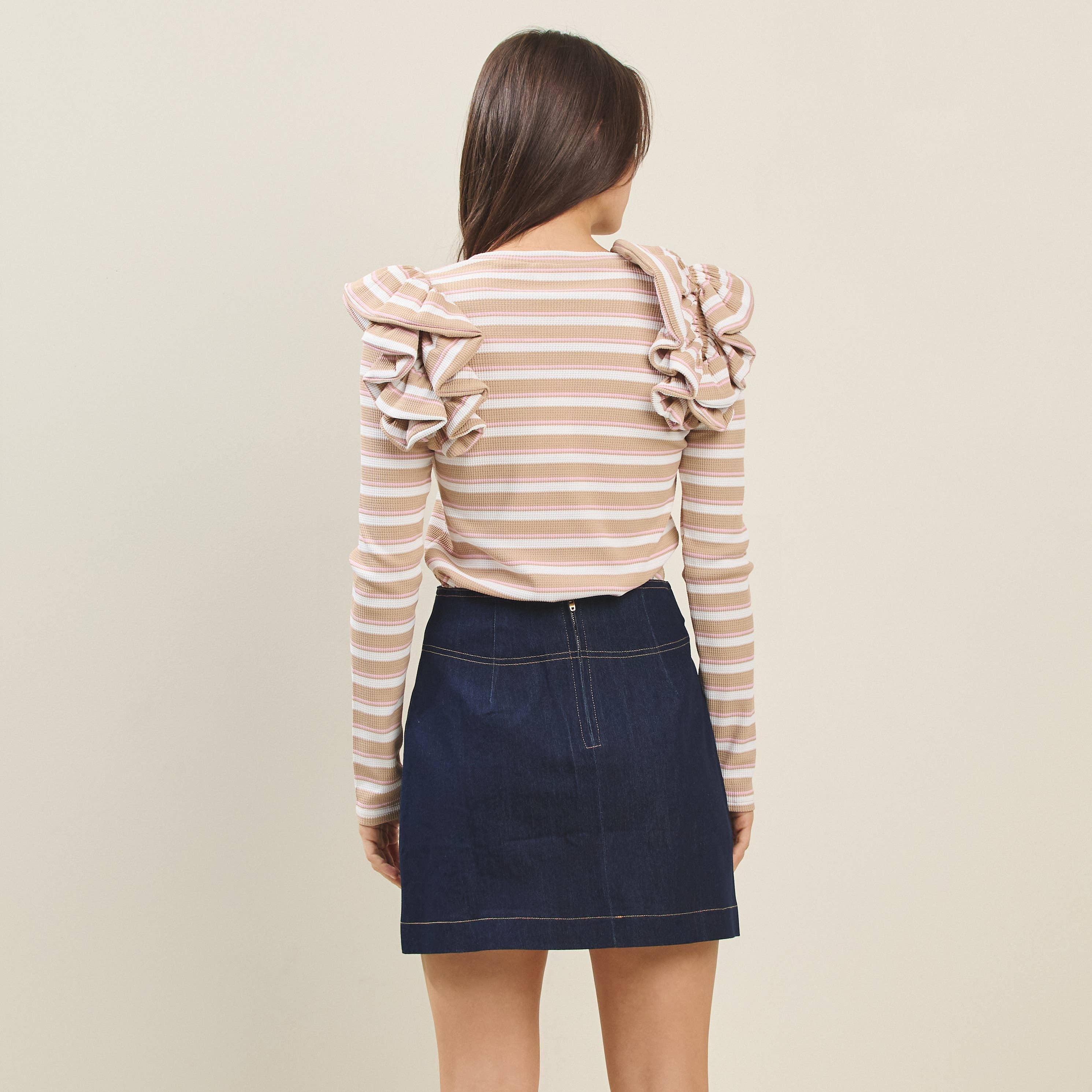 Striped Ruffle Shoulder Knit Top