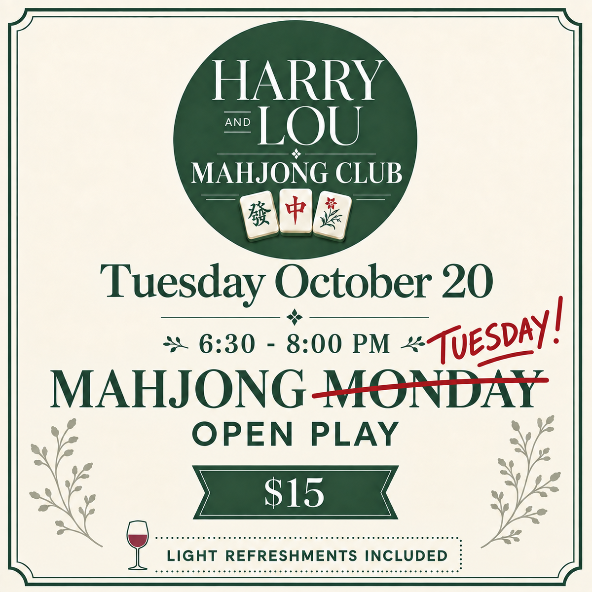 Mahjong Open Play Tuesday October 20