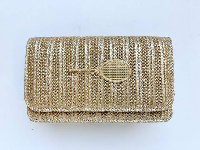 Lisi Lerch Ruby Gold Fabric Clutch with Gold Bow