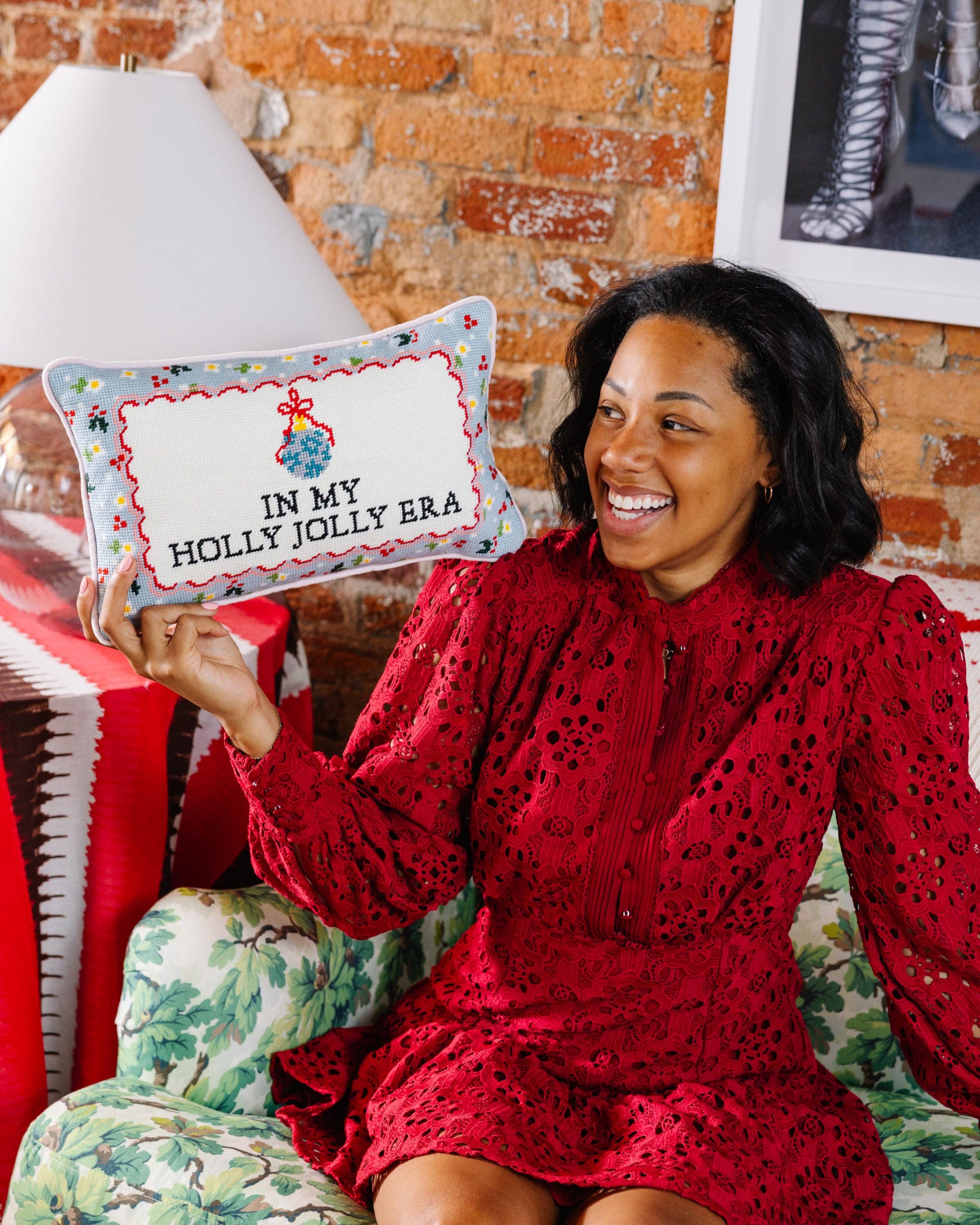 Holly Jolly Era Needlepoint Pillow