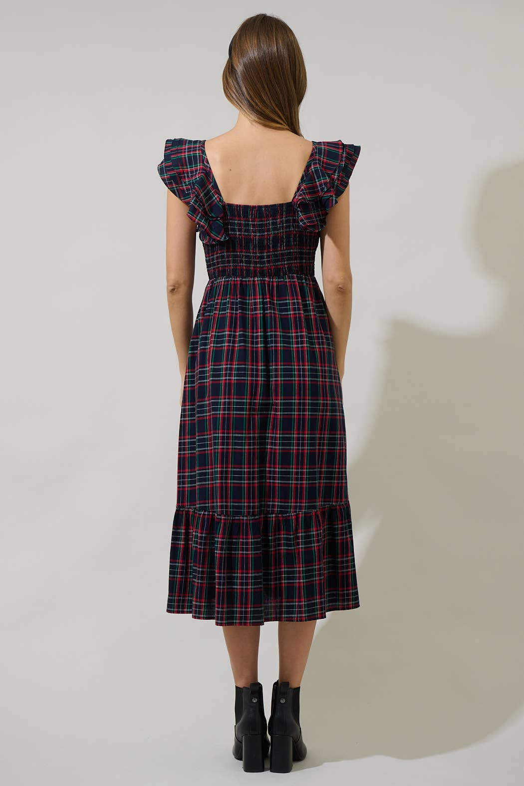 Plaid Smocked Ruffle Midi Dress