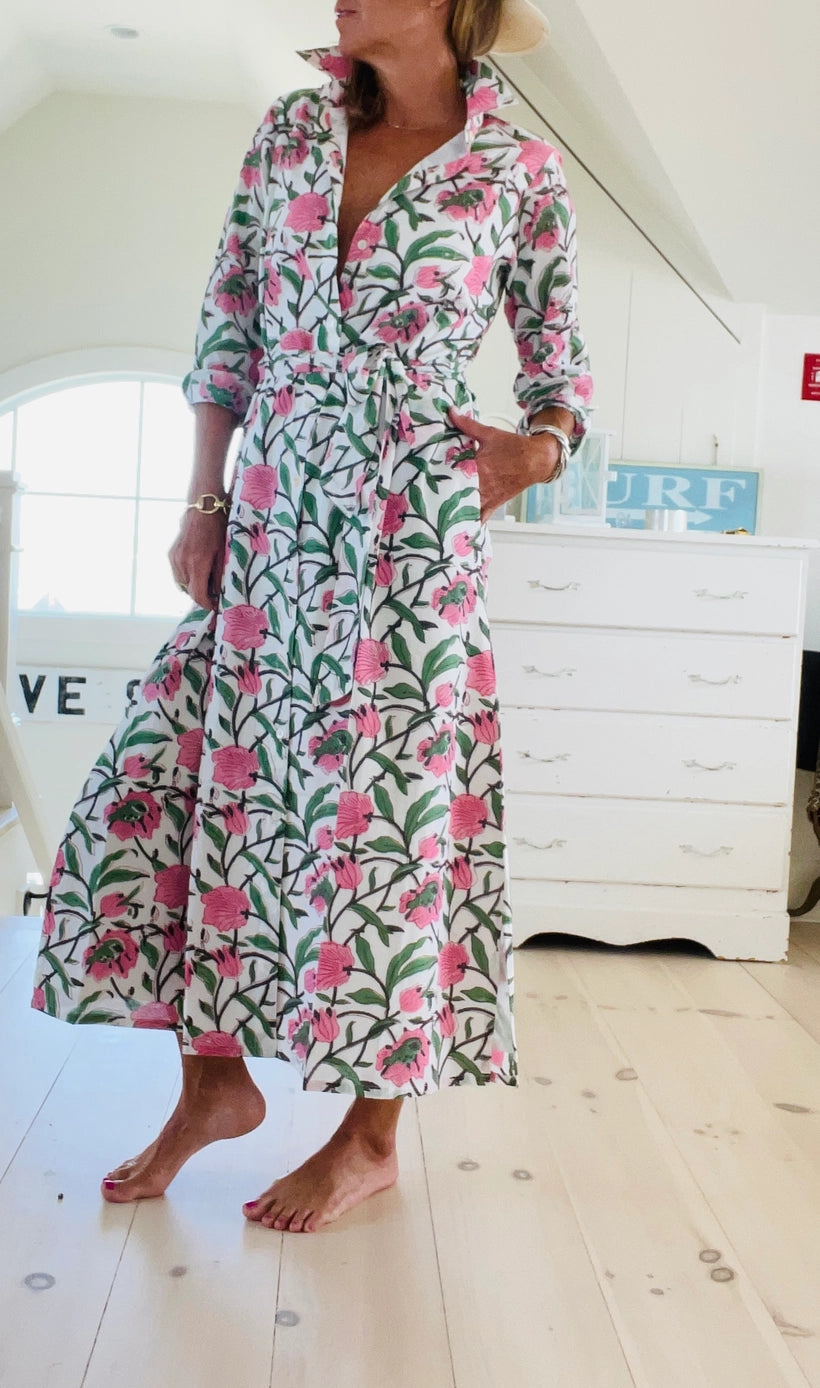 Hand Block Shirtdress in Beach Rose