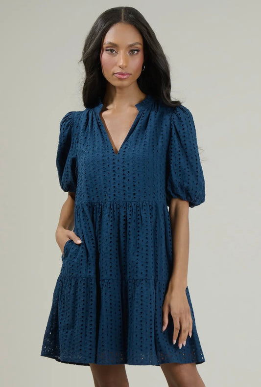 Navy Eyelet Mini Dress