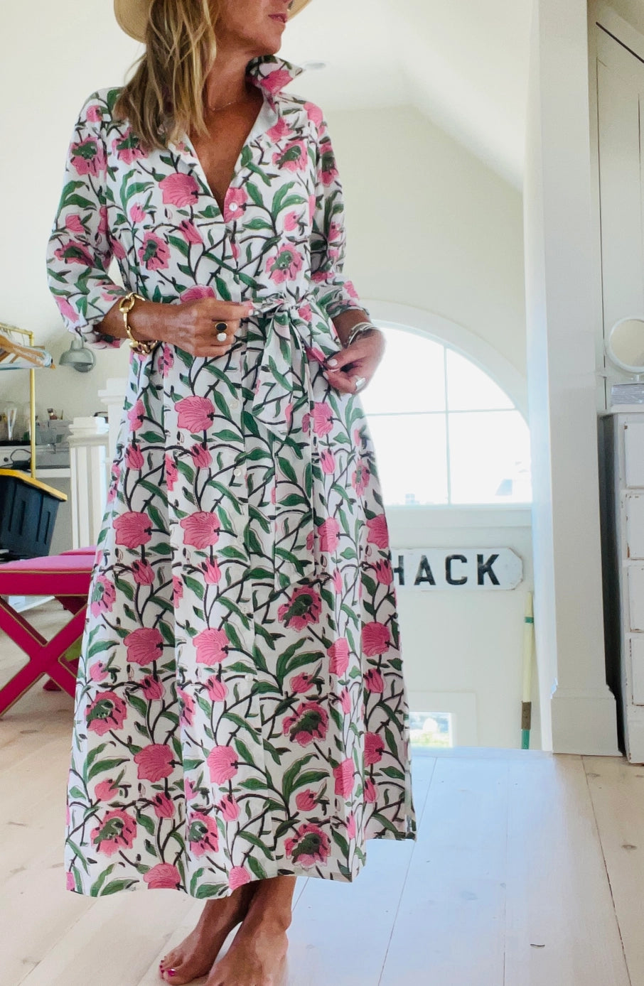 Hand Block Shirtdress in Beach Rose