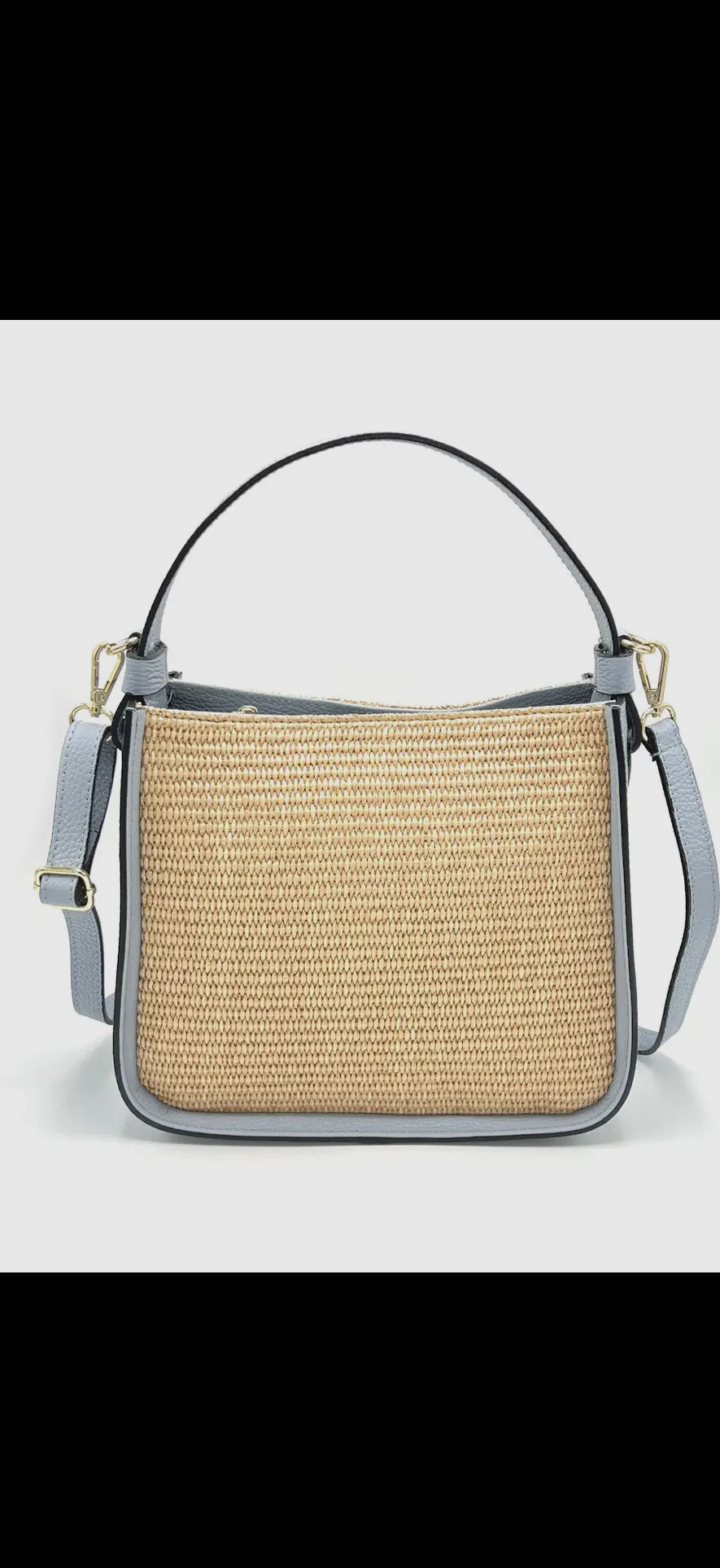 Baby Blue Leather and Straw Shoulder Bag