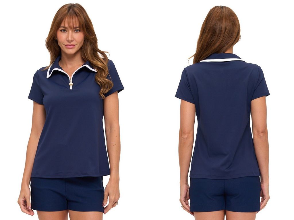Navy Front Zip Polo Top