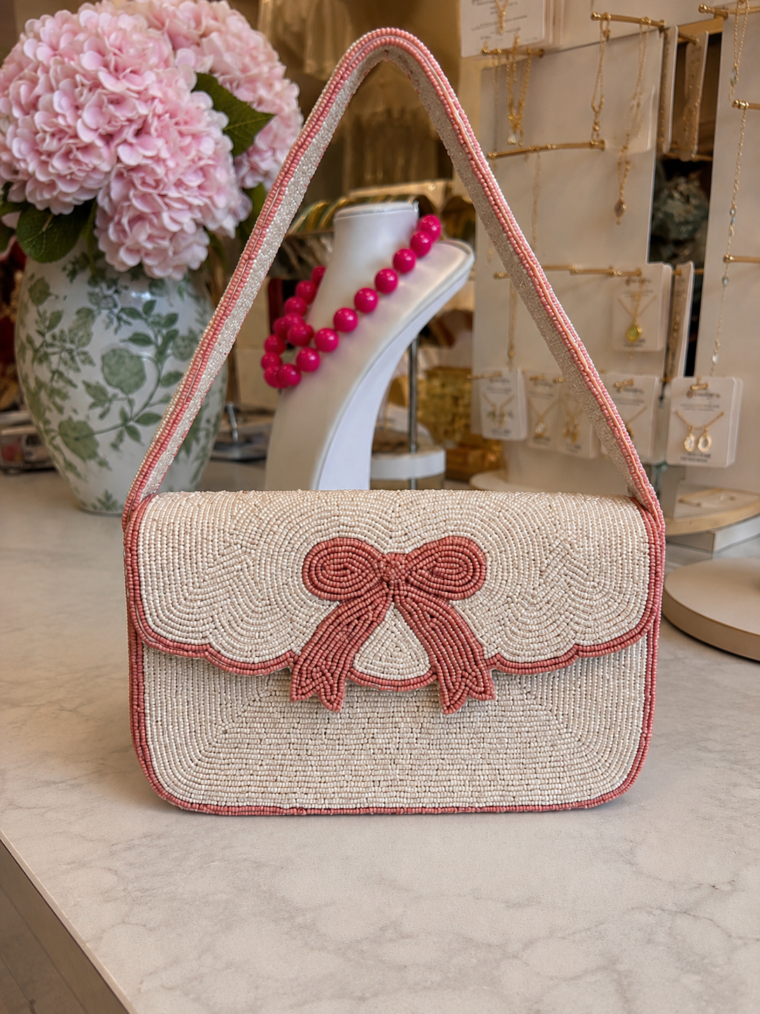 Pink Bow Beaded Shoulder Bag