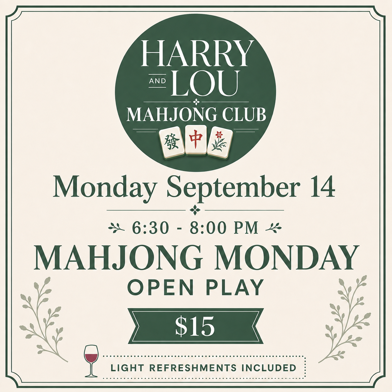 Mahjong Monday Sept 14 Open Play