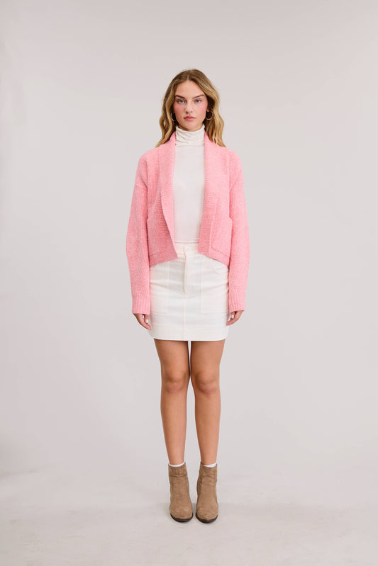 Leina Roll Collar Sweater Cardigan- Pink