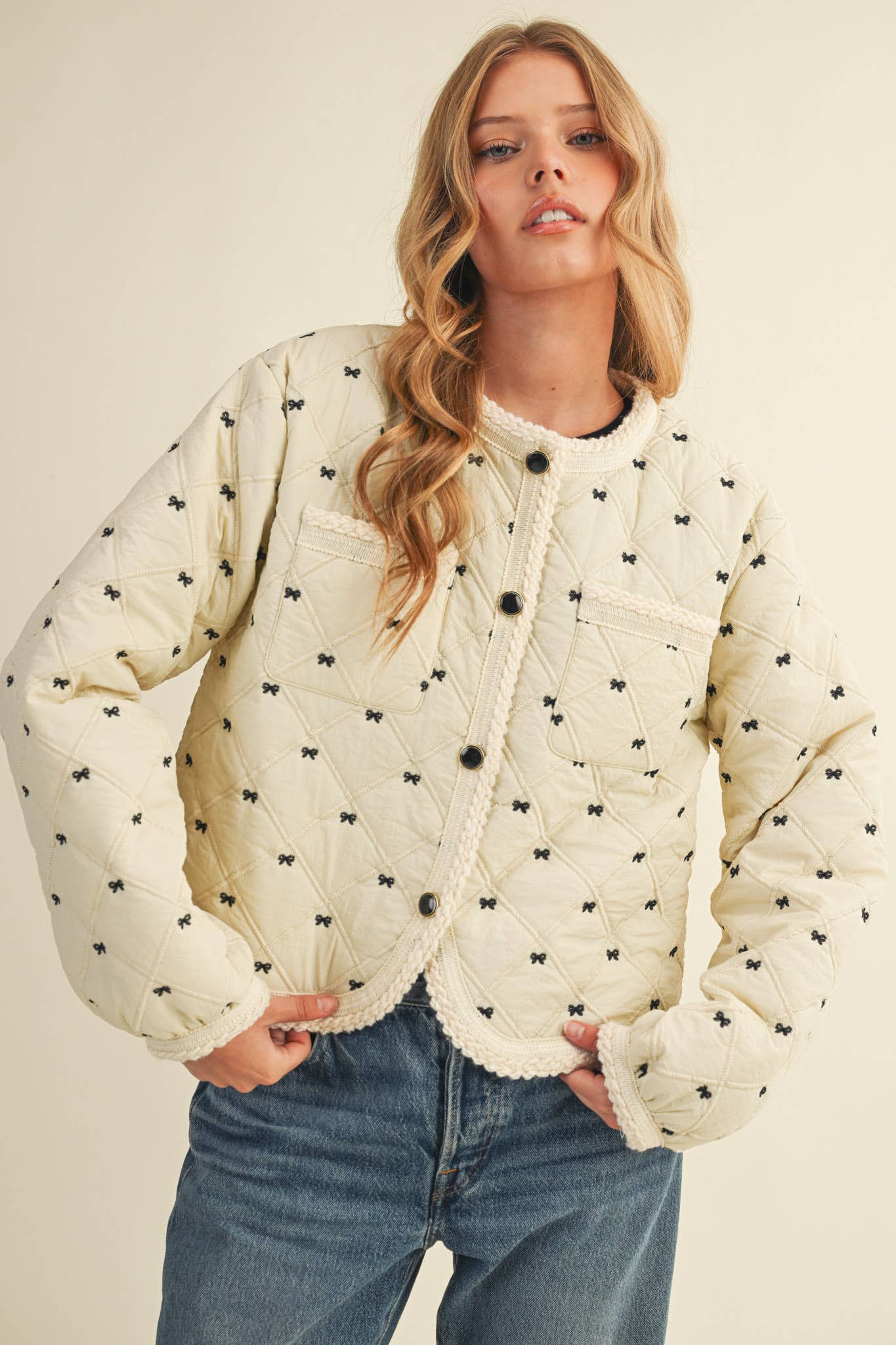 Bow Embroidered Quilted Puff Jacket