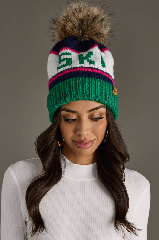Green, Navy & Pink Ski Pom Hat