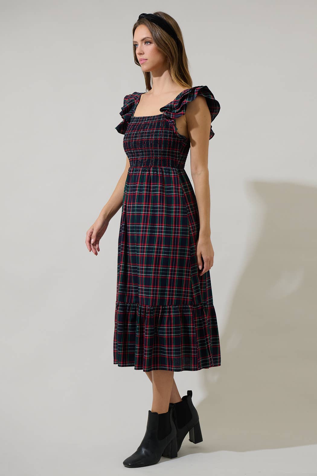 Plaid Smocked Ruffle Midi Dress