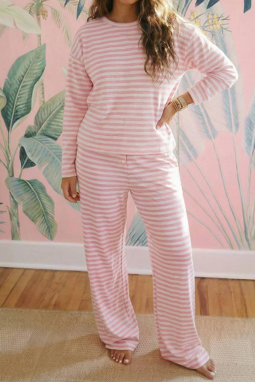 Pink Striped Two Piece Lounge Set