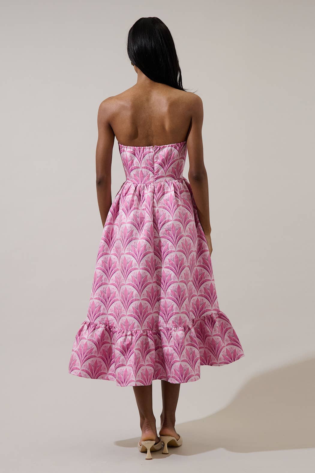 Aurra Jacquard Strapless Midi Dress-Pink