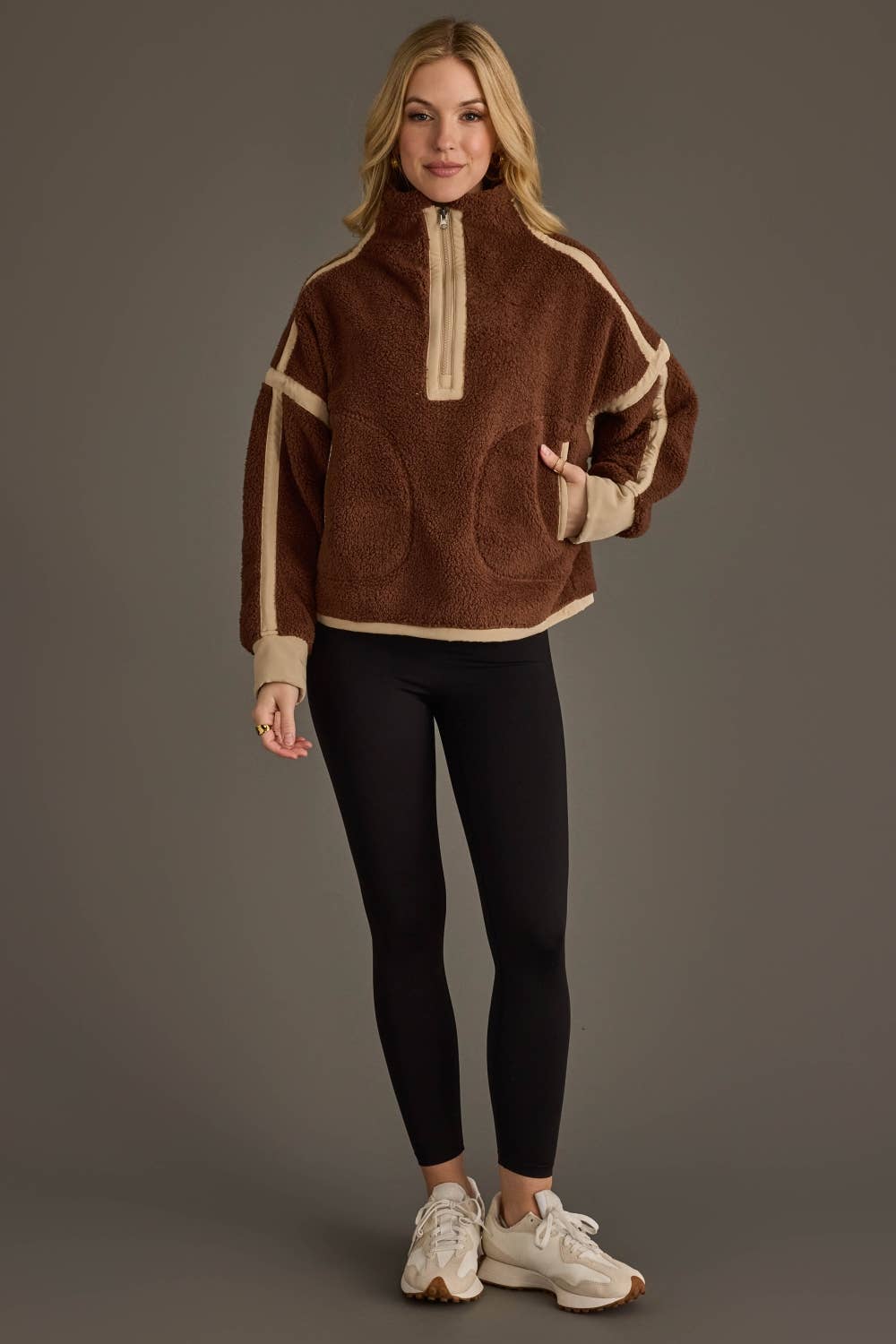 Brown & Tan Half Zip Sherpa Fleece Sweatshirt