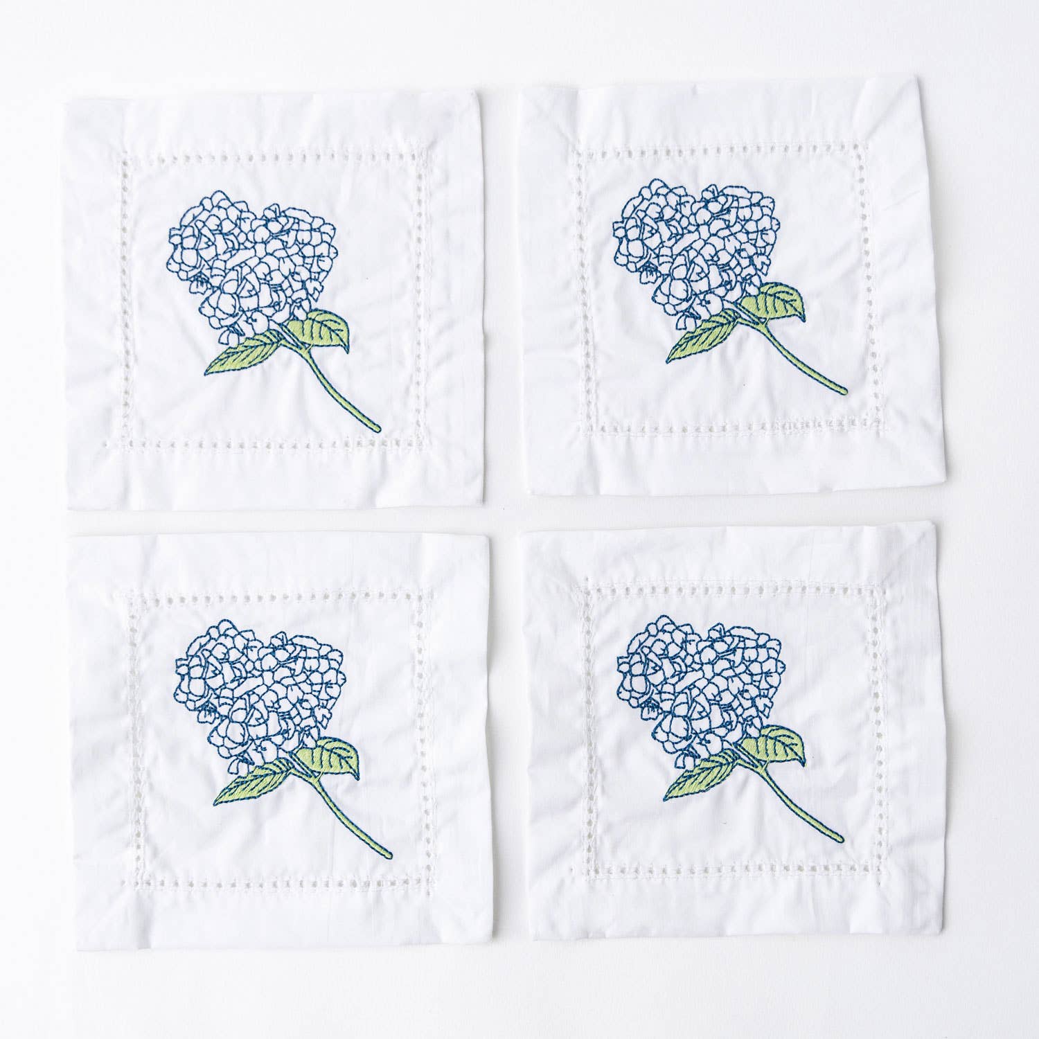 Hydrangea Stem Embroidered Cocktail Napkin Set