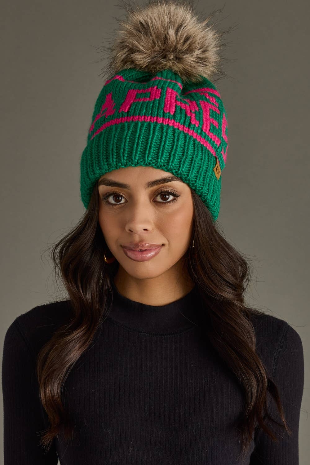 Green & Pink Apres Pom Hat